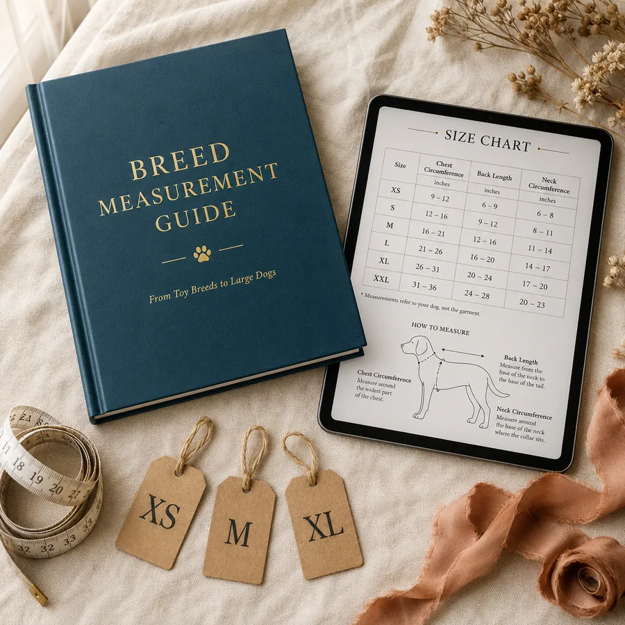 Breed Measurement Guide open beside a size chart and a measuring tape