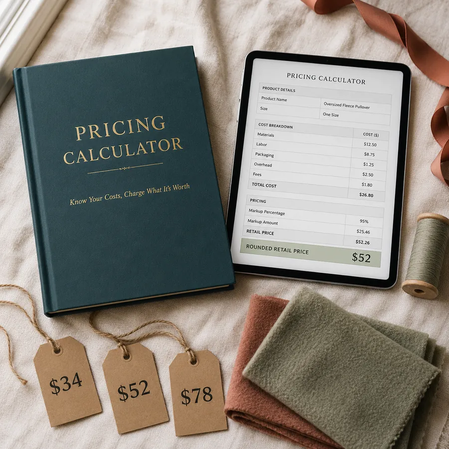 Pricing Calculator showing a cost breakdown beside kraft price tags
