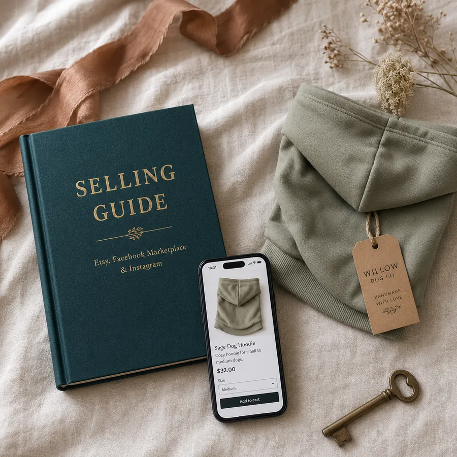Selling Guide beside a phone showing a finished listing