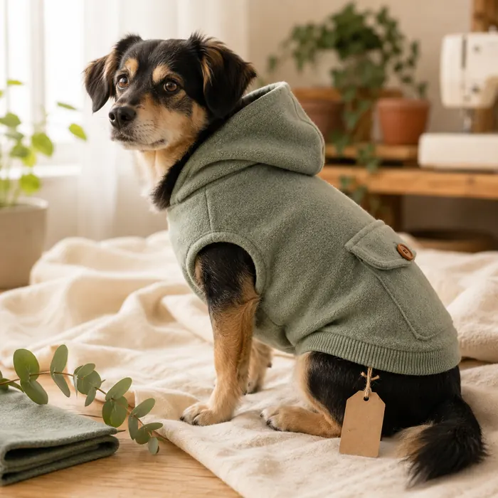 Dog wearing a handmade hooded fleece sweater with a kraft price tag