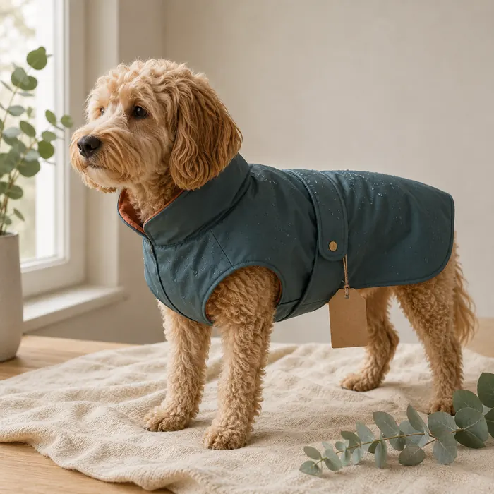 Dog wearing a handmade waterproof jacket