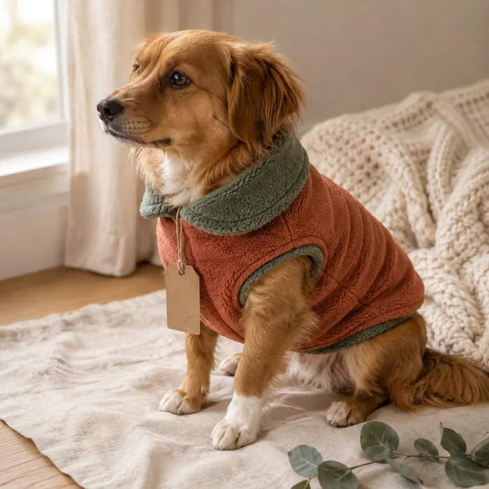 Dog wearing a handmade polar fleece coat