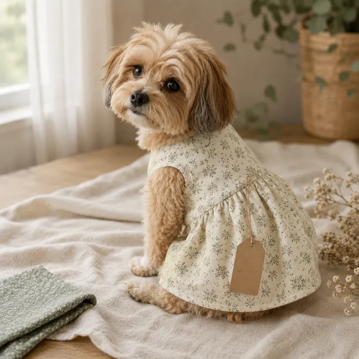 Small dog wearing a handmade floral dress