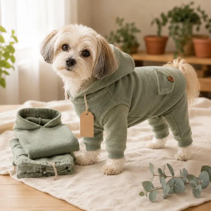 Dog wearing a matching handmade hoodie and jogger set