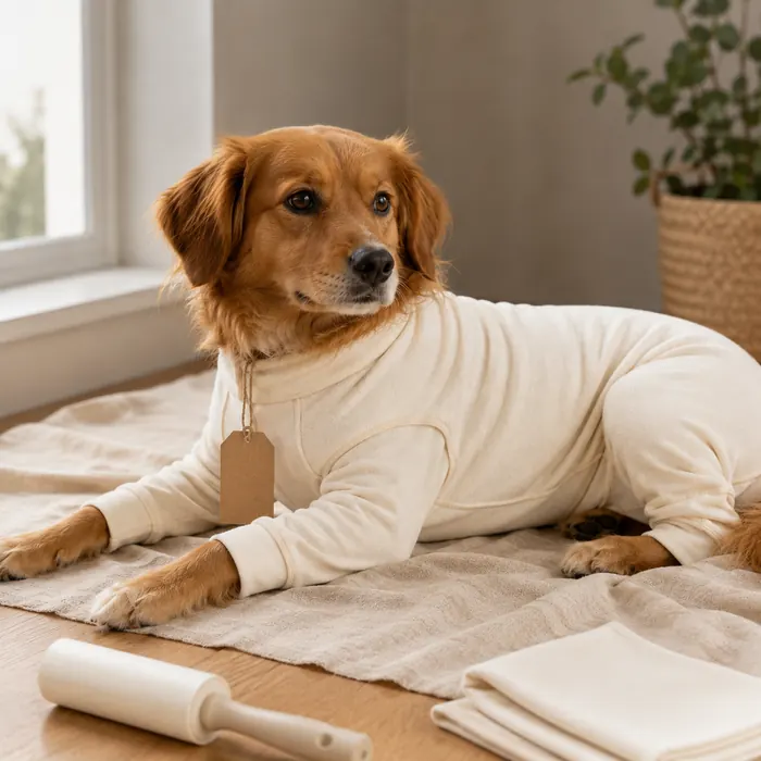 Dog wearing a handmade full-body onesie