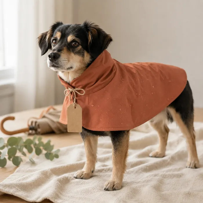 Dog wearing a handmade waterproof cape