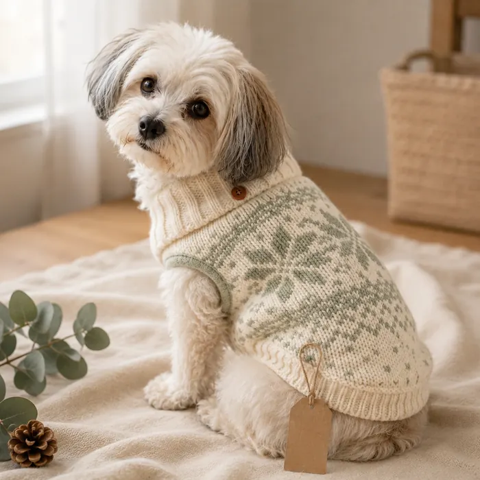 Dog wearing a handmade festive holiday sweater
