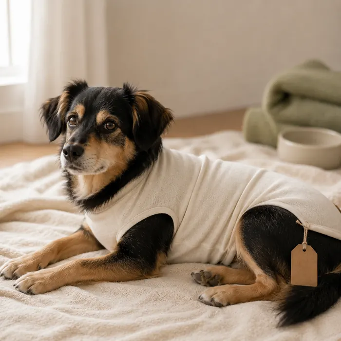 Dog resting in a handmade post-surgery recovery suit