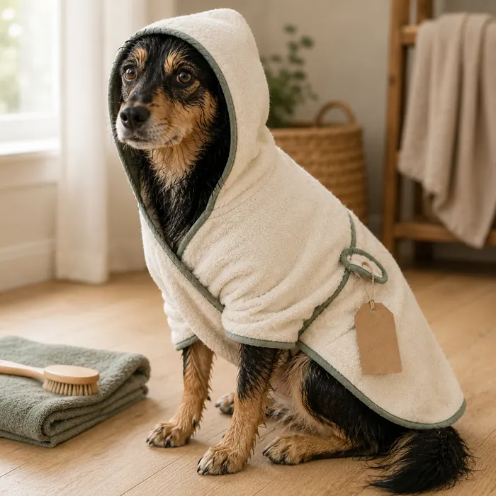 Dog wrapped in a handmade hooded towel robe