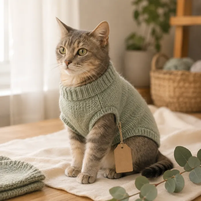 Cat wearing a handmade knitted sweater