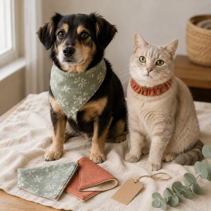Dog and cat wearing handmade bandanas and decorative collars