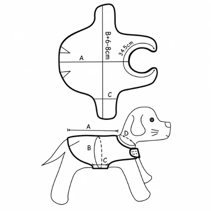 Pattern sheet showing a dog coat piece with lettered measurement points