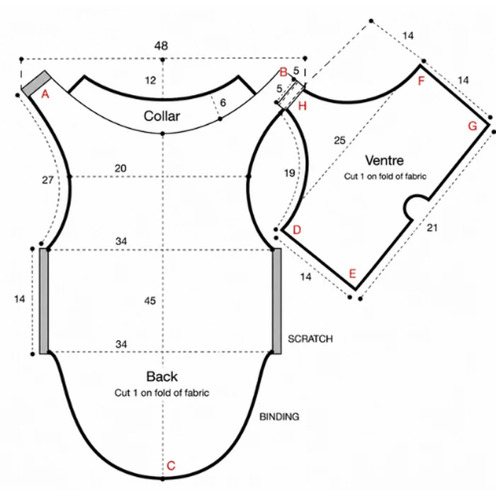 Pattern sheet showing back, collar and belly pieces with cutting instructions in centimetres