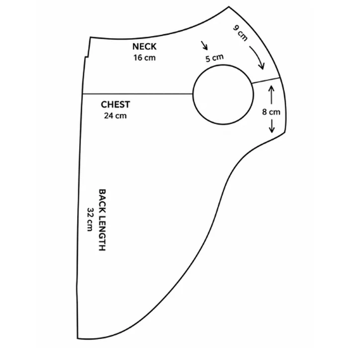 Pattern sheet with neck, chest and back length measurements marked in centimetres