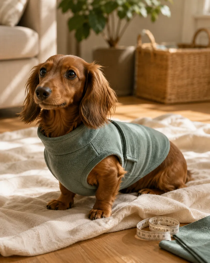 Dachshund wearing a well fitted handmade coat at home