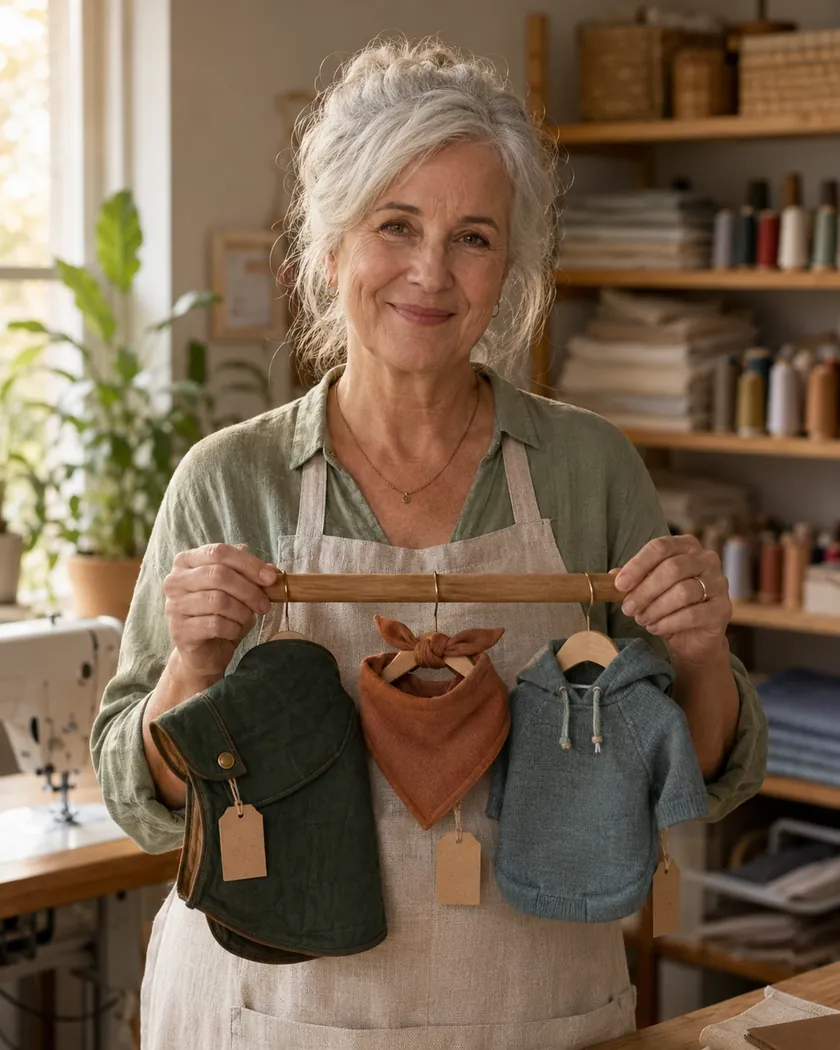 Home sewist holding three finished pet garments on a rail